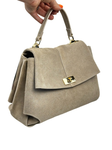 Luigisanto elegancki mały damski kuferek ze skóry naturalnej zamszowej w kolorze taupe