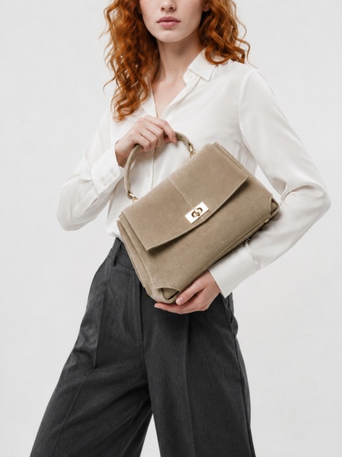Luigisanto elegancki mały damski kuferek ze skóry naturalnej zamszowej w kolorze taupe