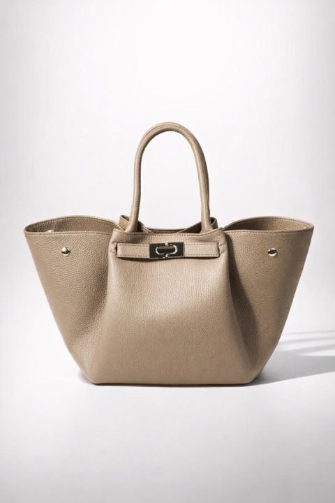 Luigisanto elegnacka damska torebka w stylu tulip bag z dopinanym długim paskiem ze skóry naturalnej w kolorze cimenym beżowym